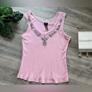 Aziz Lace Mesh & Rhinestone Embiellsihed Tank Top in Baby Pink & Silver. Size L